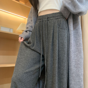 高腰垂坠感直筒小个子休闲加绒阔腿裤 灰色糯米裤 女春秋冬2025新款
