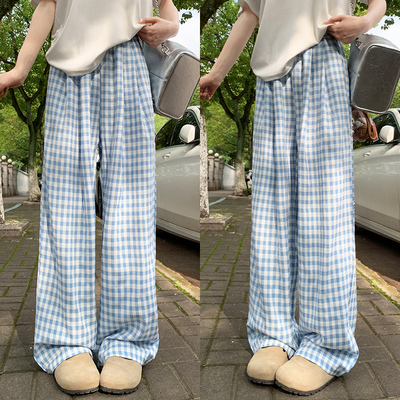 蓝色格子裤子女夏季2025新款高腰直筒显瘦格纹裤小个子休闲阔腿裤