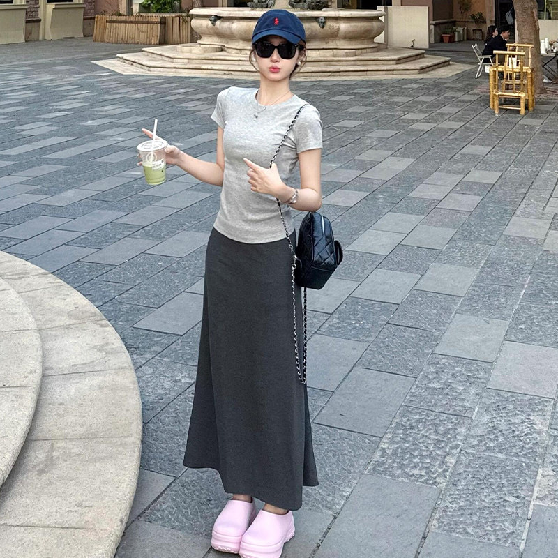 灰色鱼尾裙女夏季2026新款高腰显瘦中长版小个子包臀裙a字半身裙