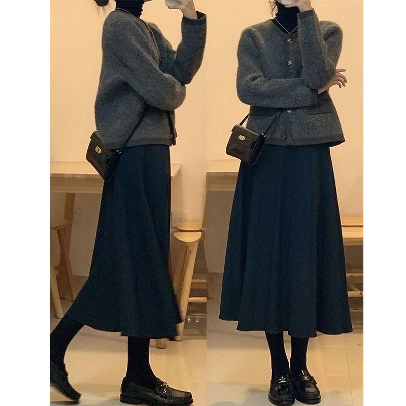 黑色西装百褶裙女秋冬季2025新款高腰a字伞裙小个子毛呢半身长裙