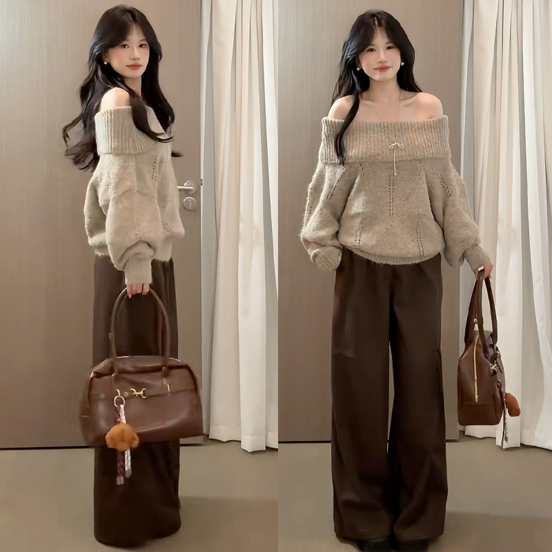 咖色翻边格纹阔腿裤女春秋季