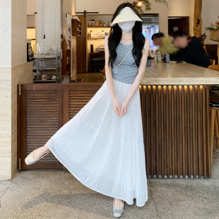 高腰显瘦a字伞裙中长裙大摆裙压褶蛋糕裙 白色半身裙女夏2025新款