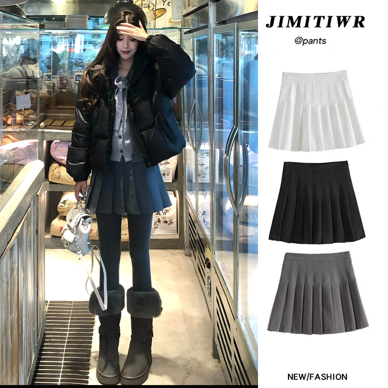 深灰色毛呢百褶裙女2025春季新款