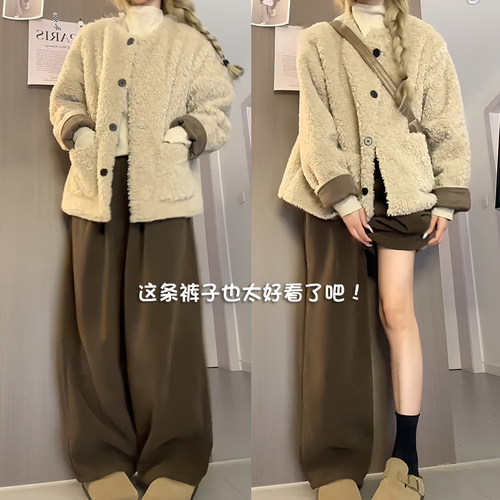 棕咖色雪尼尔阔腿裤女春秋2025新款高腰垂感秋冬直筒休闲加绒裤子