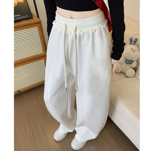 白色弯刀阔腿裤女春秋夏高腰垂感运动裤宽松直筒休闲抽绳卫裤