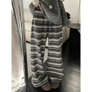 秋冬宽松加绒毛呢休闲条纹裤 灰色费尔岛提花针织阔腿裤 女2025新款