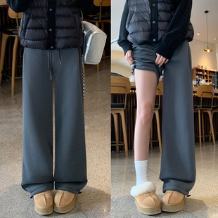 小个子高腰羊羔绒直筒阔腿裤 女秋冬加绒2025新款 运动裤 深灰色美式