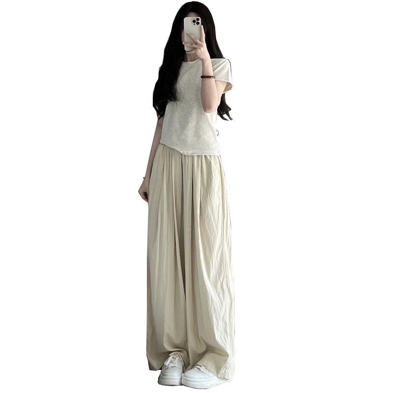 杏色冰丝阔腿裤女夏薄款高腰垂感休闲日系慵懒风山本裤棉麻直筒裤