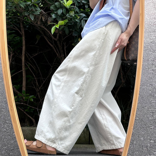 白色棉麻阔腿裤女夏高腰宽松慵懒