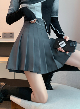灰色百褶裙女夏季薄款学生半身裙短裙高腰显瘦学院风a字裙包臂裙