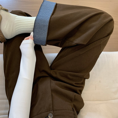 棕色翻边格纹阔腿裤女休闲直筒裤