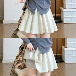 白色毛呢百褶裙女2025秋新款 高腰显瘦防走光jk半身裙加厚a字短裙