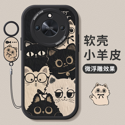 适用荣耀X50手机壳全包黑白猫咪