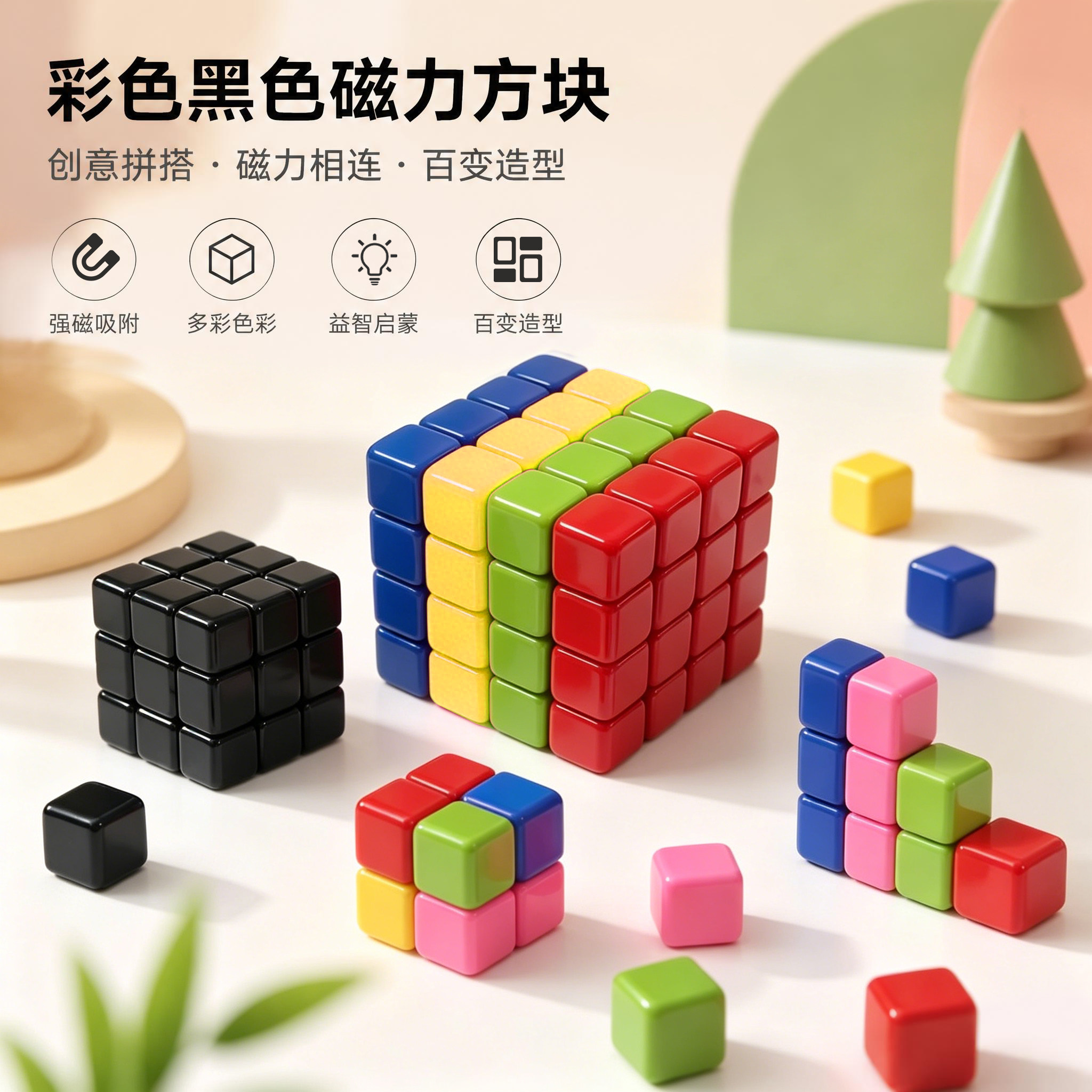 彩色黑色磁力块大号磁性方块魔方磁性积木益智玩具图片