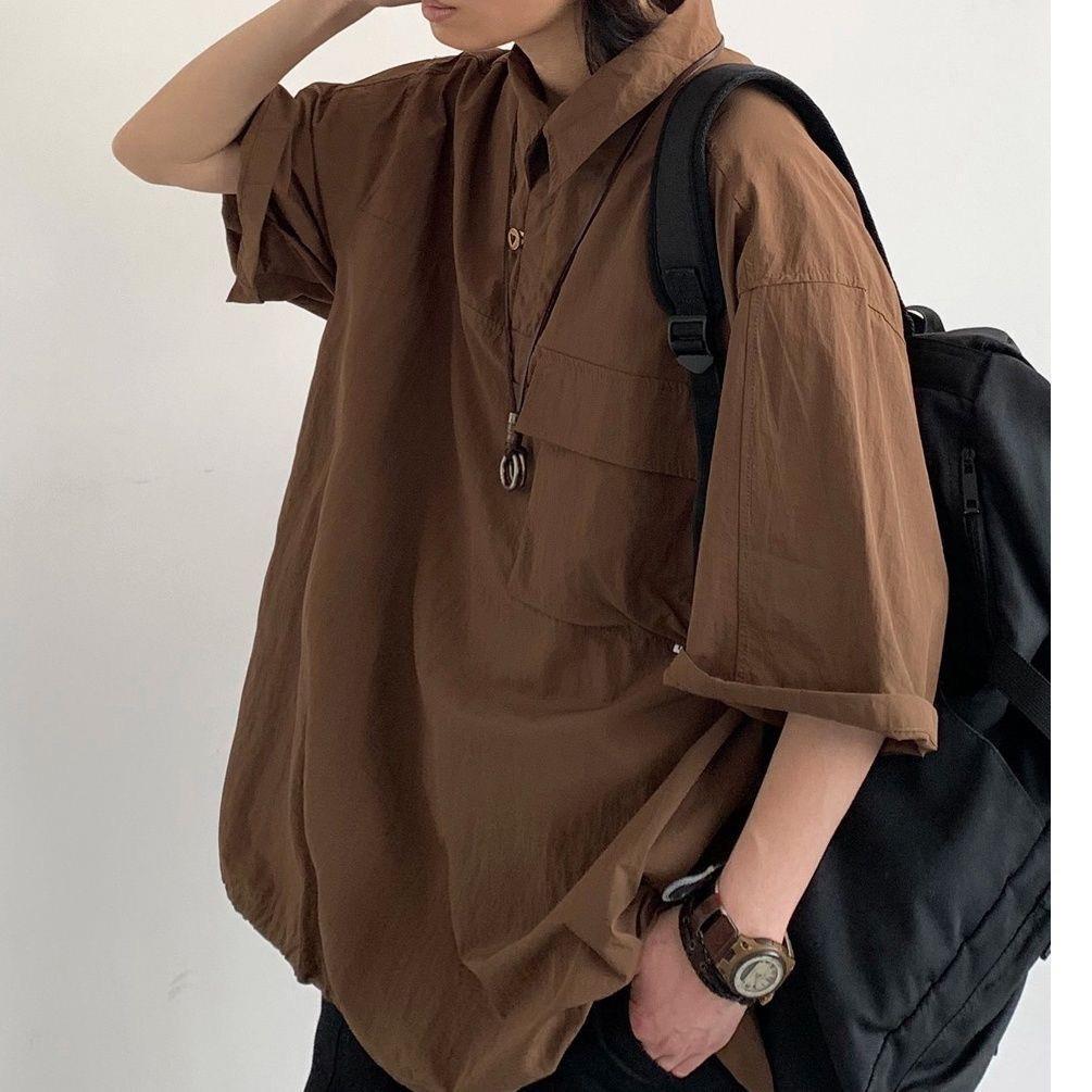 日系工装Polo衫日系原宿风短袖衬衫男装夏季薄款潮流痞帅宽松衬衣