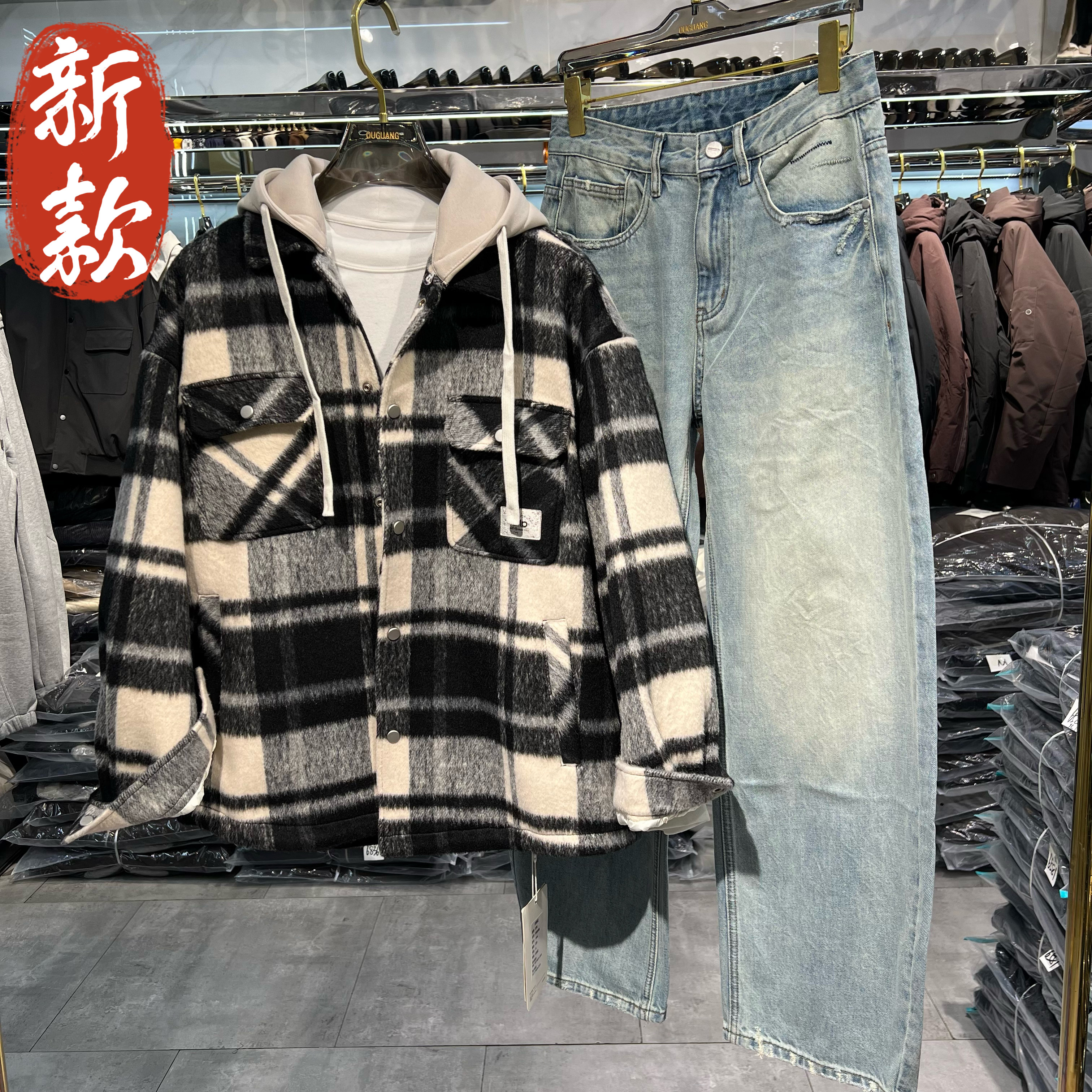 实体带帽秋冬新款毛呢格子外套男装潮流男女酷帅穿搭衬衫上衣夹克