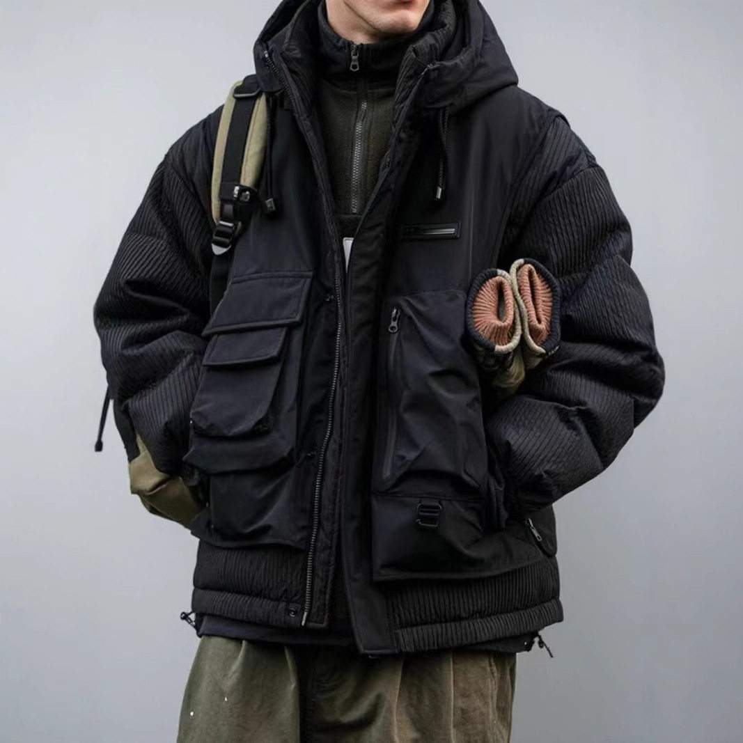 2025冬季户外拼接工装连帽羽绒服男潮牌宽松大码情侣白鸭绒外套