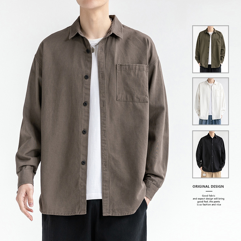 新款纯棉衬衫大气男装青少年长袖上衣大学生纯色衬衫水洗宽大