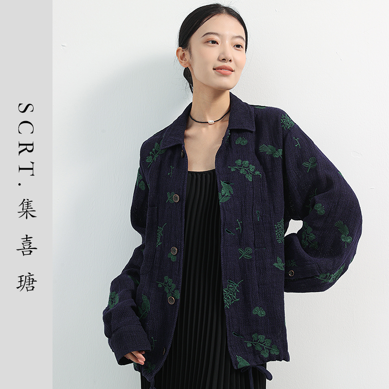 SCRT集喜瑭亚麻绣花撞色夹克外套上衣SGS15278
