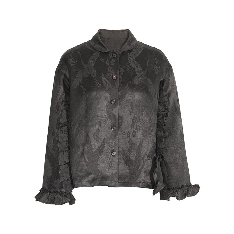 SCRT集喜瑭新中式香云纱桑蚕丝木耳边提花小外套上衣SFS4658