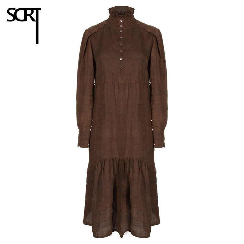 苎麻连衣裙立领复古长款连衣裙