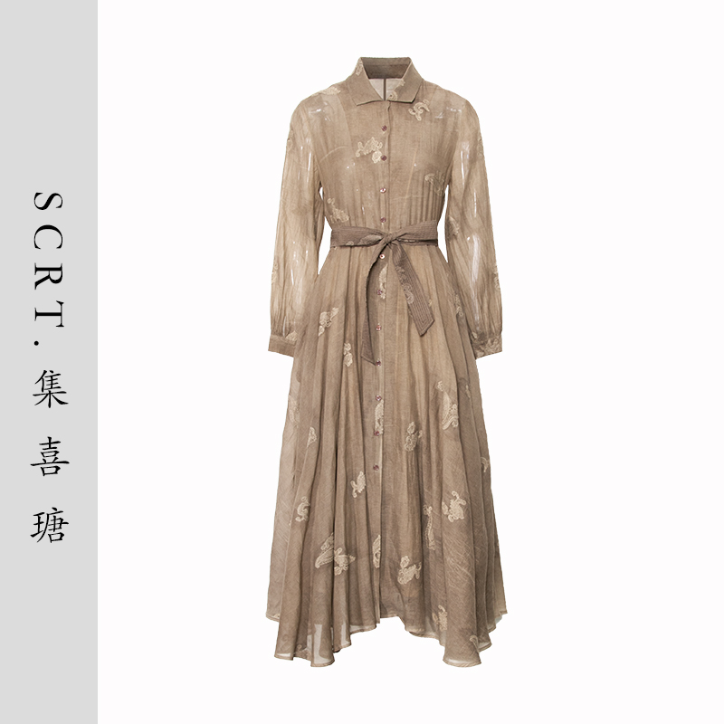SCRT集喜瑭丝绵风衣裙优雅刺绣连衣裙T25QLY017