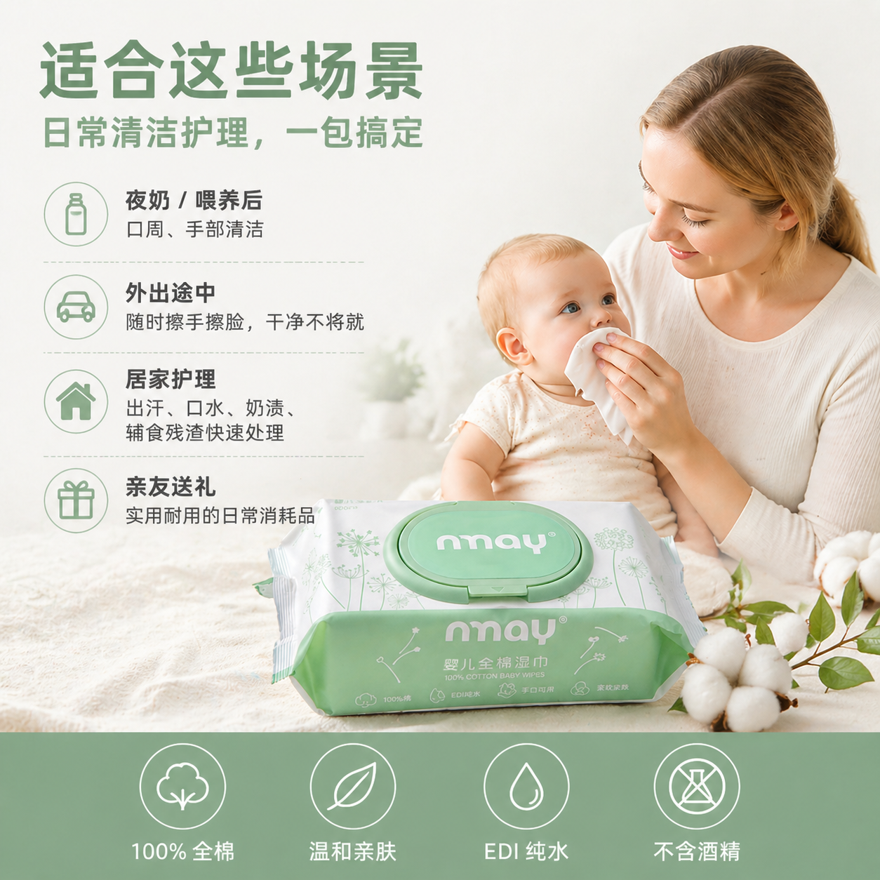 nmay全棉湿巾无添加宝宝湿纸巾80片装温和无刺激新生儿婴儿无锑