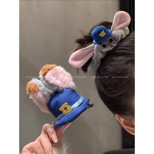 疯狂动物城毛绒朱迪发圈女秋冬新款可爱侧边发夹萌趣拍照道具头饰