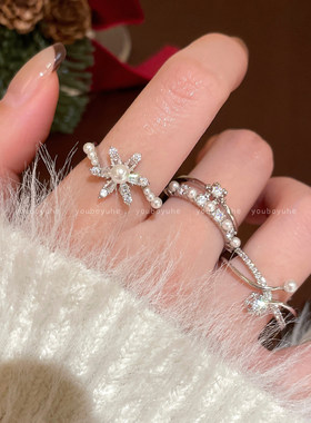 精致闪锆雪花珍珠小众设计戒指