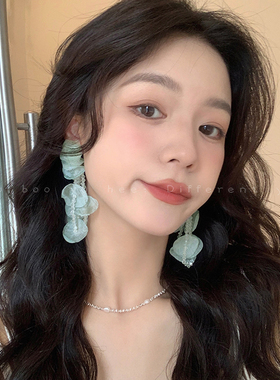 薄荷曼波绿色海边度假风水晶花朵流苏耳钉女长款夸张大气耳环耳饰
