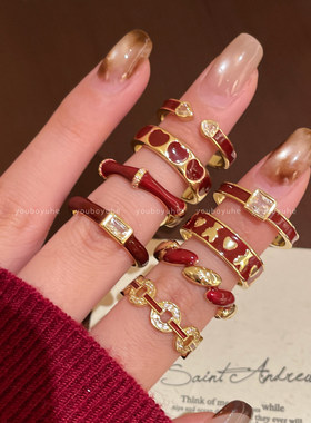 小众精致复古红色爱心锆石戒指女