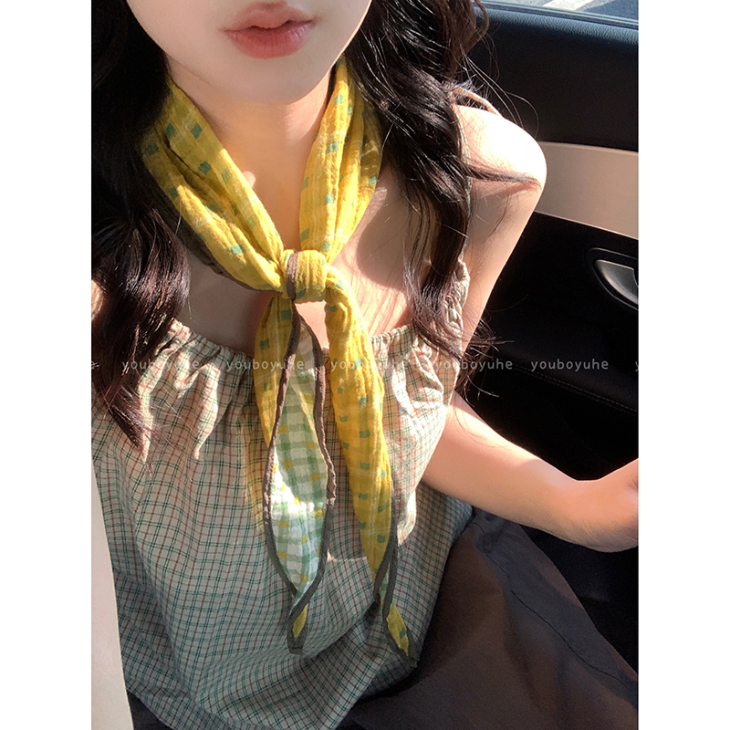 格纹脖子系带丝巾护颈遮阳三角巾