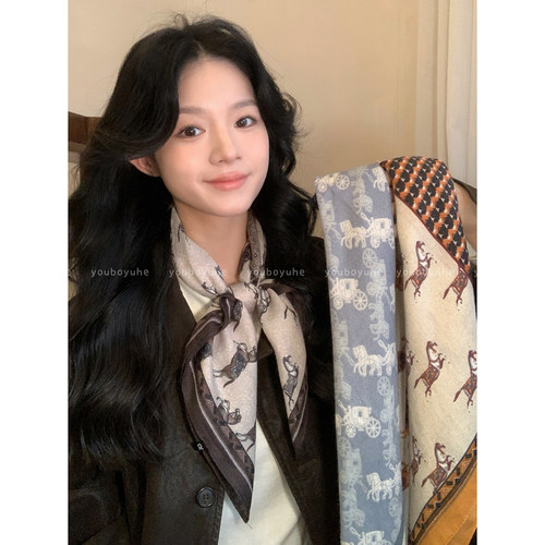 美拉德咖色小马四格丝巾系脖围巾