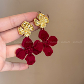 安可拉红金色花朵丝绒耳钉女款 复古港风气质耳环小众轻奢新年耳饰