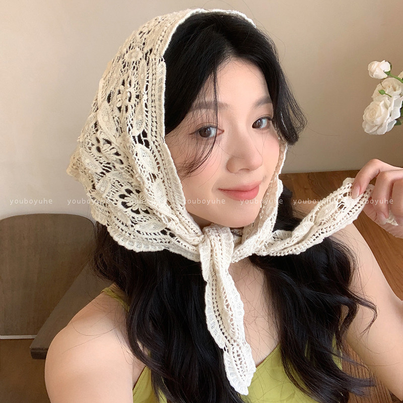 纯棉手工蕾丝钩花三角头巾女款文艺复古气质针织镂空裙帘屁帘配饰