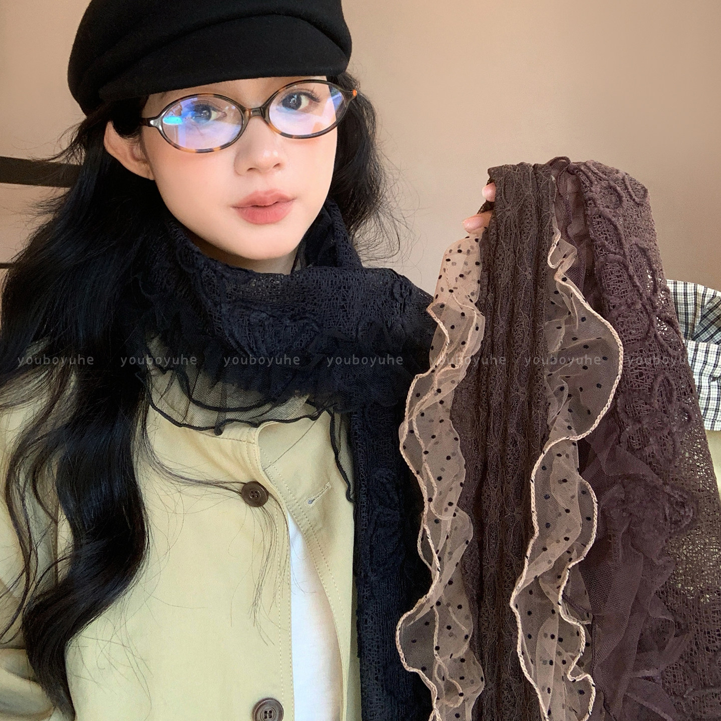 焦糖暖叙！咖色蕾丝花边网纱长条丝巾女款2026新款高级感飘带围脖
