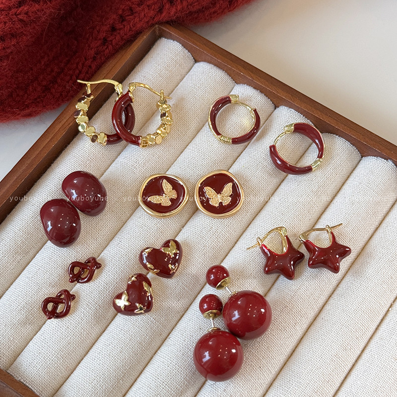 新年红色港风滴釉耳钉女2026新款耳扣耳环独特绝美高级感复古耳饰,饰品/流行首饰/时尚饰品新,耳钉,淘宝优惠券,粉丝福利购,淘宝优惠卷