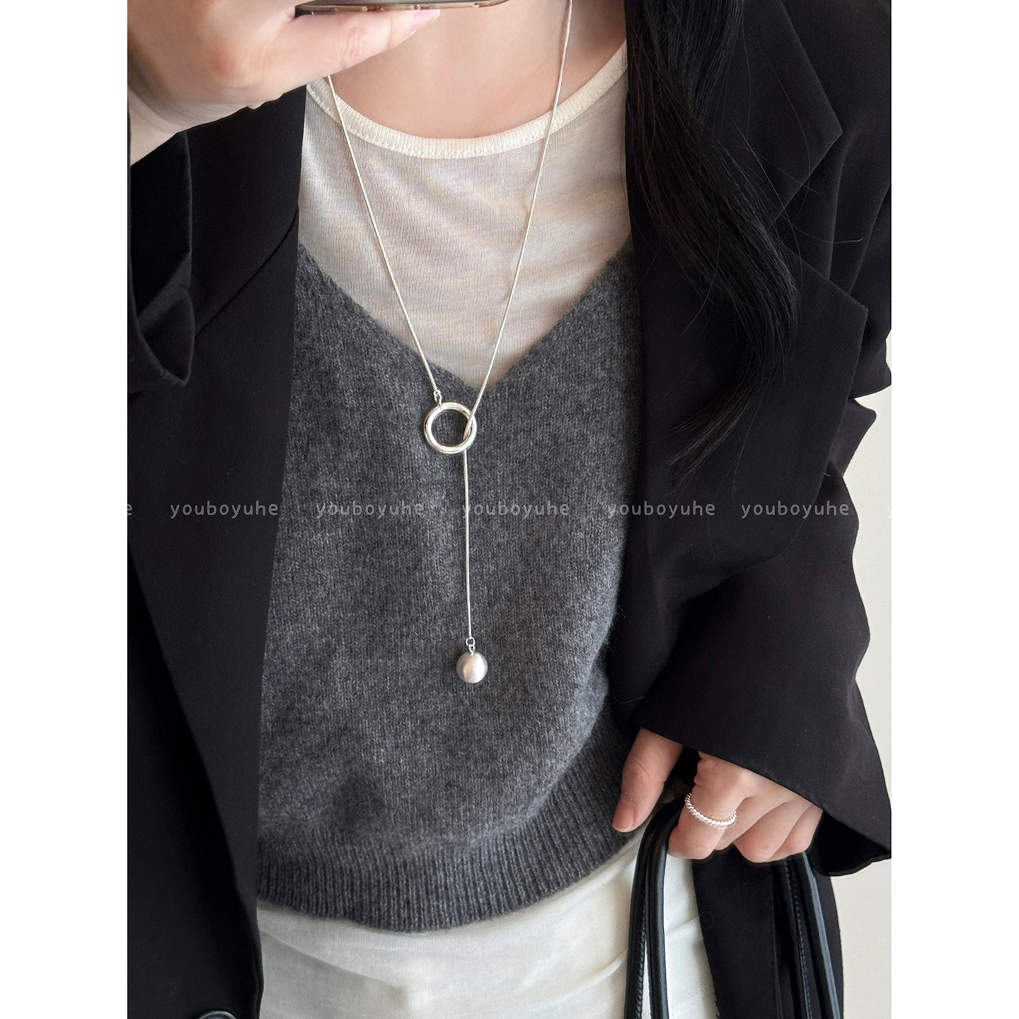 简约银色拉丝可抽拉气质大气项链