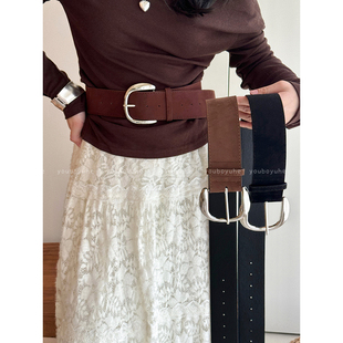 美拉德复古麂皮绒棕色卡扣宽腰带女款高级感百搭装饰个性腰间配饰