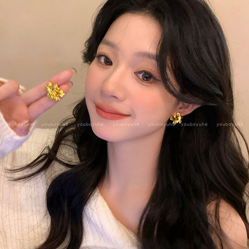 金色立体双层花朵前后两戴耳钉女