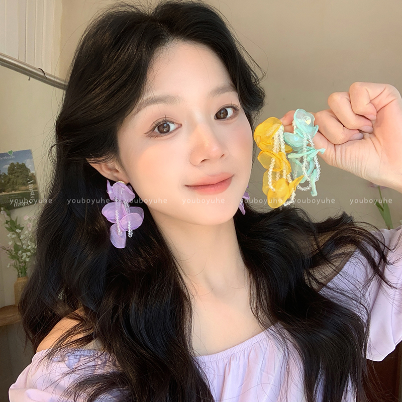 超仙雪纺水晶流苏耳环夸张耳饰女