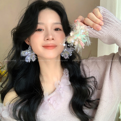 毛绒花朵珍珠小众独特银针耳环