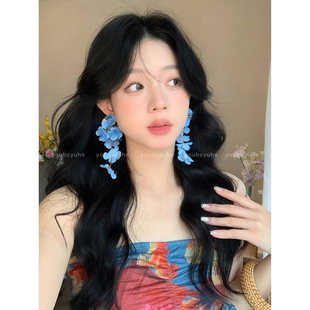 海滨微风 蓝色花朵流苏耳环女高级感度假旅游耳钉巨好看夸张耳饰