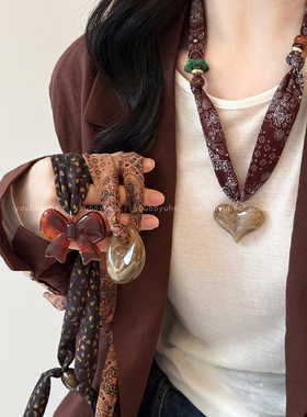 复古腰果花串珠日常百搭丝巾项链