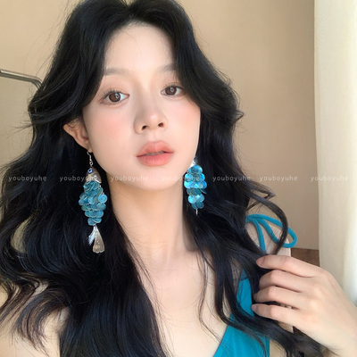 蓝色圆片小鱼贝壳流苏高级感耳环