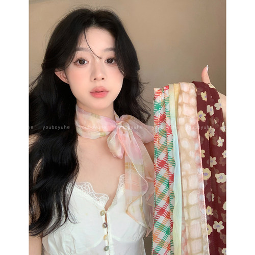 韩系早春格纹长条丝巾系脖飘带女