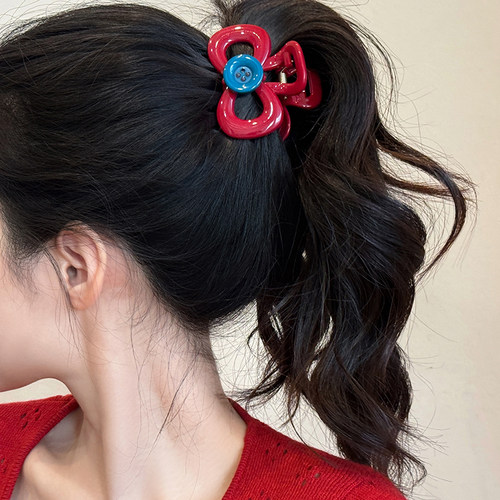 可爱红色盘发鲨鱼夹蝴蝶结抓夹