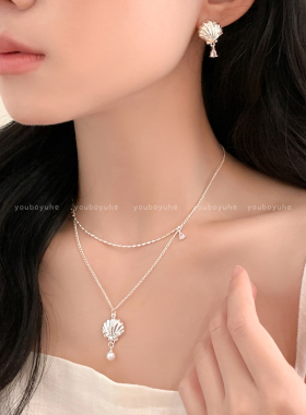 甜美双层叠戴贝壳珍珠项链耳饰品