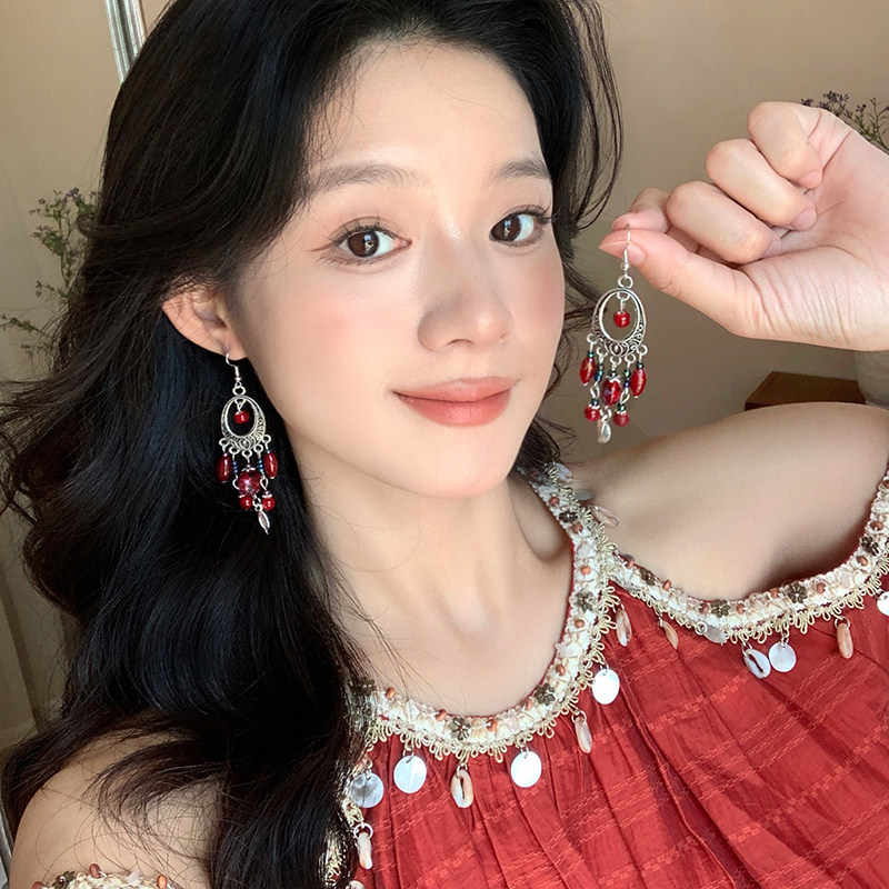 波西米亚天然石流苏耳环女异域民族风耳钩显脸小独特夸张大气耳饰