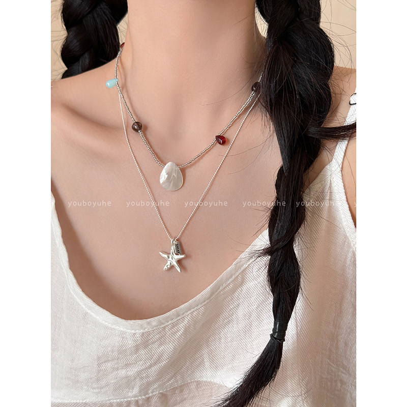 双层叠戴海星贝壳吊坠项链女小众设计感锁骨链度假风时尚颈链配饰
